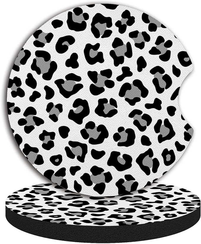 Leopard Print Car Coasters,Cute Car Assecories for Women,Universal Auto Anti Slip Insert Coaster, Rubber Car Coasters with A Finger Notch,Pack of 2 Drink Cup Holder Coasters