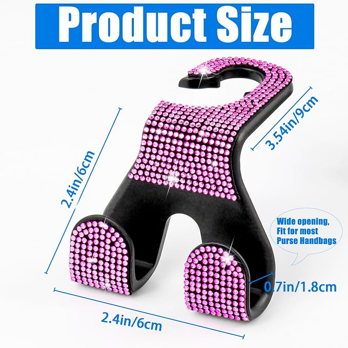 Bling Car Purse Hooks 2Pcs, Rhinestones Car Headrest Hook Backseat | Double-Hooks,Holds 44Lbs,Wide-Opening,Durable Nylon,Car Seat Hook,Purse Holder,Bling Car Accessories for Women-Black