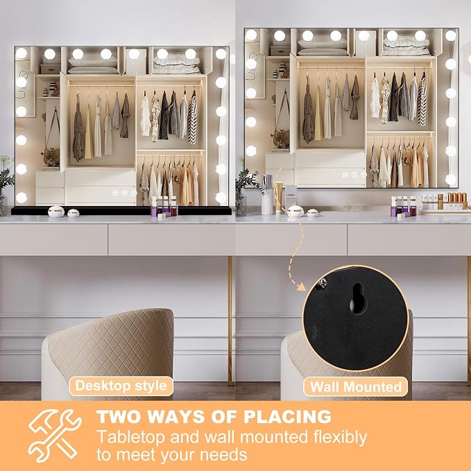 Moonee Vanity Mirror with Lights, Black Hollywood Lighted Makeup Mirror with 18 Dimmable Bulbs and 10X Magnification, 3 Colors Modes, Aluminum Metal Frame, Light Up Mirror for Tabletop/Wall（32" x 24"）