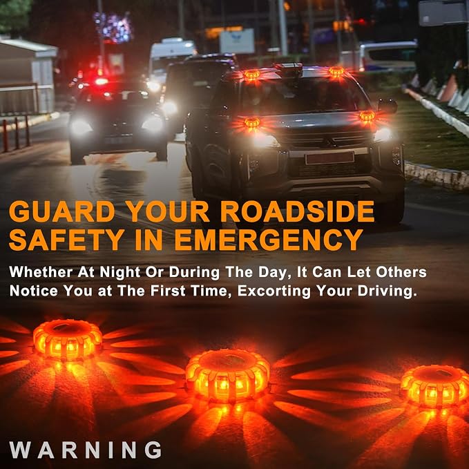 Tobfit 4 Pack Rechargeable LED Road Flares Roadside Emergency Car Kit, Emergency Lights for Vehicles Flashing Flare Beacon Disc with Magnetic Base & Hook, Carrying Bag, Type-C USB Cable Included