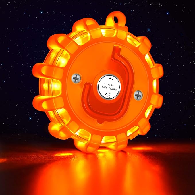 Tobfit 3 Pack LED Road Flares Emergency Lights Roadside Safety Beacon Disc Flashing Warning Flare Kit with Magnetic Base & Hook for Car Truck Boats | 9 Flash Modes (Batteries Not Included) (3)