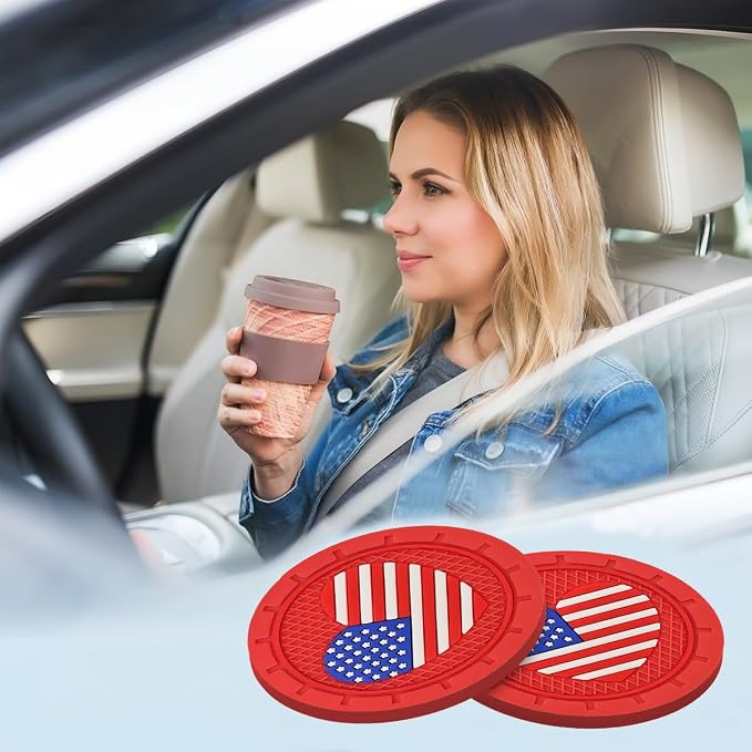 AUCELI 4 Pack Car Cup Holder Coasters, Colored American Flag US Flag Insert Car Cup Coaster, 2.75 Inch Anti Slip Shockproof Embedded Drink Mat, Vehicle Interior Decor Accessories