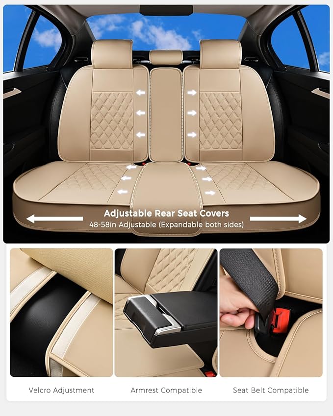 Huidasource Beige Seat Covers, Nappa Leather Car Seat Covers, Velcro Adjustable, Compatible with Airbags, Armrests, Child Seat, Universal Fit for Most Cars, Vans, Trucks, SUVs (Full Set/Beige)