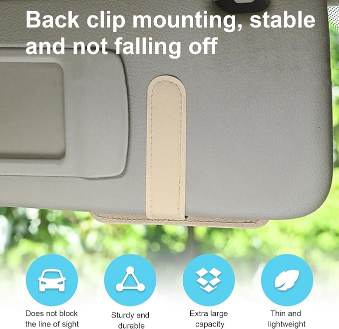 Dickno 2PCS Small Leather Car Sun Visor Organizer, Multifunctional Auto Visor Document Holder with Sunglasses Clip, Universal Car Interior Organizer for Drving License, Card, Pen (Beige)