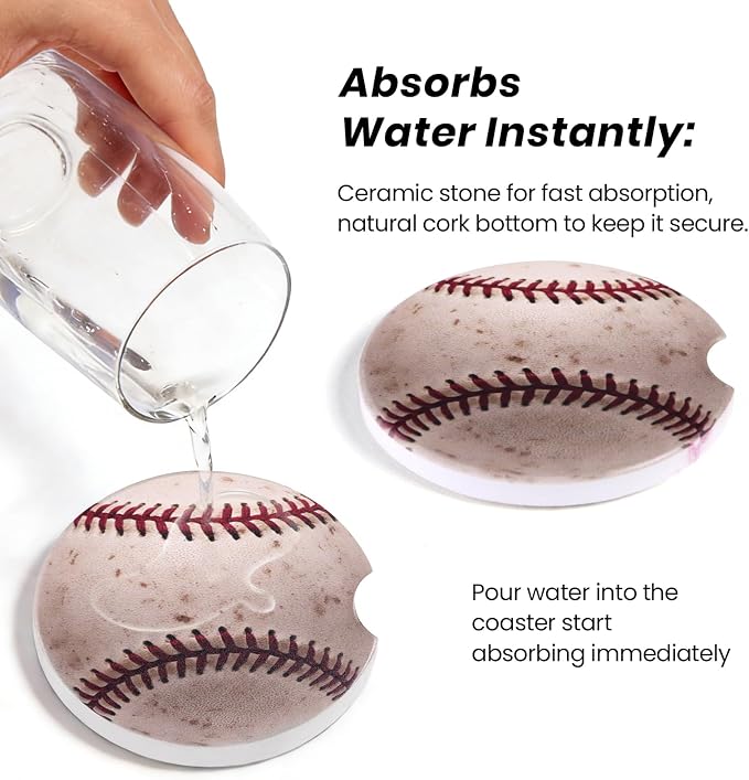 2 Pack Baseball Car Coasters for Men Women Car Cup Holder Coasters, 2.63 Inch Anti Slip Ceramic Absorbent Coaster with Cork Base and Finger Notch, Funny Car Accessories Interior