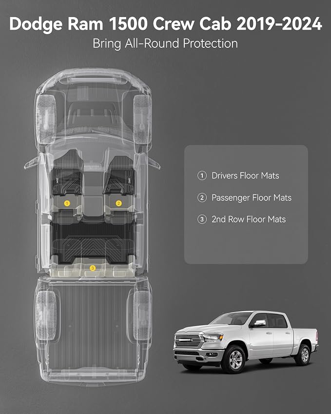 3W Floor Mats Fit for 2019-2024 Dodge Ram 1500 Crew Cab New Body (NOT Classic Models) Without Storage, TPE All Weather Custom Fit Floor Liner for Ram 1500, 1st and 2nd Row Full Set Car Mats
