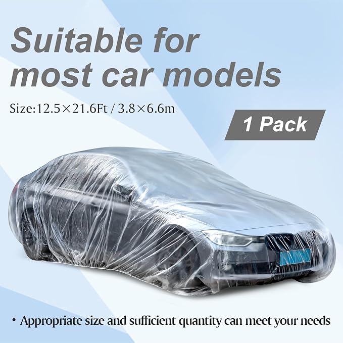 BBTO 1 Pack Universal Plastic Car Cover with Elastic Band Disposable Clear Car Covers Bulk 12.5 x 21.6 ft Waterproof Dustproof Full Exterior Protector for Sedan Outdoor Snow Rain Weather