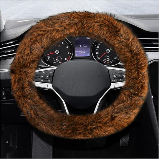Fluffy Steering Wheel Cover, 15 Inch Anti-Slip Microfiber Plush Fuzzy Steering Wheel Cover, Winter Warm Elastic Fuzzy Steering Wheel Covers for Women and Men, Car Accessories (Brown)