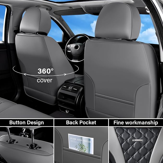 Coverado Car Seat Covers, Seat Covers Full Set, Gray and Black Car Seat Cover, Perforated Diamond Leather Seat Covers for Cars, Luxury Car Seat Cushion, Auto Seat Covers Universal Fit Most Cars