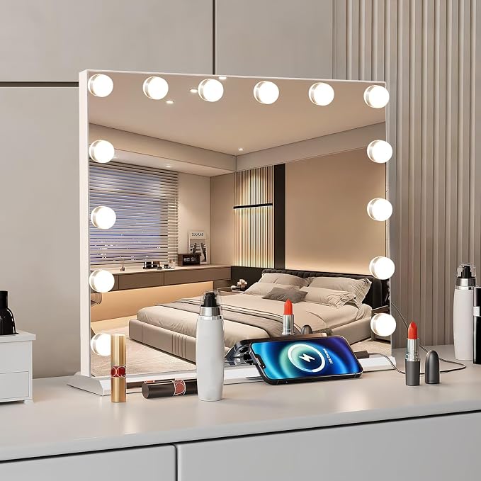 Hollywood Vanity Mirror with Lights, Lighted Makeup Mirror with 10X Magnification, Vanity Makeup Mirrors with Lights, USB Charging Port Touch Control, 14 LED Bulbs 3 Lighting Modes