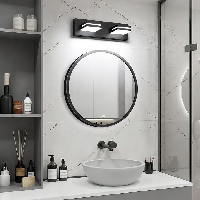 SineRise LED Modern Bathroom Vanity Light Fixtures (2-Light, 15.5-Inch), Matte Black Modern Acrylic Bathroom Wall Lighting Fixtures Over Mirror (Cool White 6000K)
