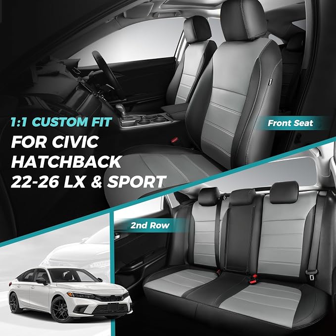 Seat Covers for Honda Civic Hatchback Sport, LX 2022-2026 & Hybrid Sport 2025-2026, Faux Leather Car Seats Cover Full Set Waterproof (60/40 Split Seatback-No Rear Armrest) Grey