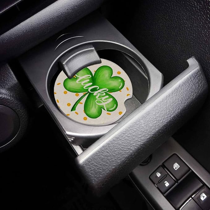 Car Coasters for Cup Holders 2.6" Dia Absorbent Coasters Set of 6 Car Interior Accessories for Women St. Patrick's Day Four Leaf Clover Gold Coin Ceramic Car Coaster for Drinks with Finger Grooves