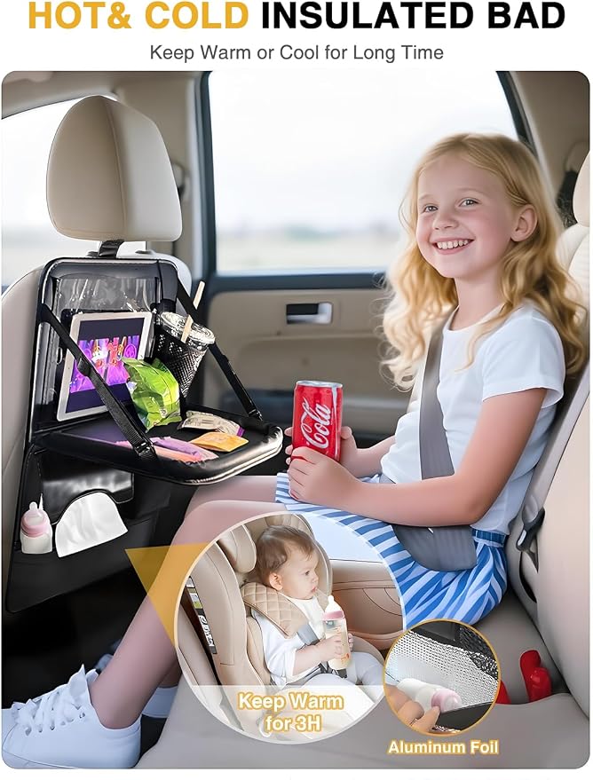 1-Pack Leather Car Backseat Organizer with Tablet Holder–Foldable Food Tray,Storage Pockets,Trash Can,Tissue Holder & Insulated Bag–Kick Mats Protector for Kids,Travel Accessories Organizer