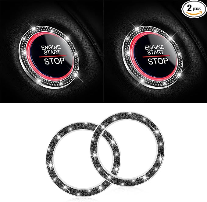 Bling Crystal Rhinestone Engine Start Ring Decals, 2 Pack Push Start Button Cover/Sticker, Key Ignition Knob Bling Ring, Sparkling Car Interior Accessories for Women (Black)