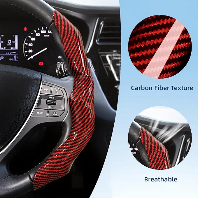 Carbon Fiber Steering Wheel Cover 2PCS Segmented Clip-on Protector (Red) | Universal Fit, Anti-Slip Lining, Sporty Style, Car Interior Accessory for Men and Women