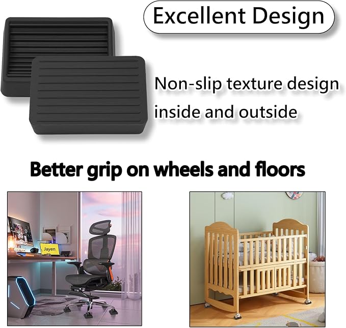 Jayen Bed Wheel Stoppers, 4 Pack Rubber Caster Stoppers, Black | Dual-Sided Anti-Slip Texture Keeps Furniture Securely in Place While Protecting Hardwood, Tile, and Other Floors