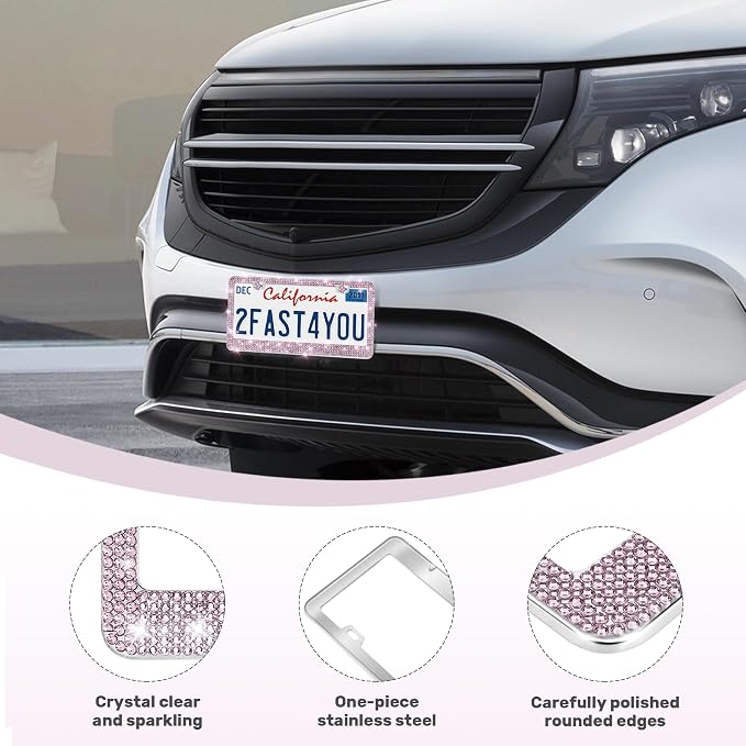 QUANQIUFEI 2 Pack Bling License Plate Frames, Sparkly Rhinestone Diamond Car License Plate Cover for Women, Stainless Steel Car Accessories with Glitter Crystal Caps (Light Amethyst)