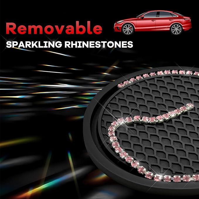 2PCS Bling Car Cup Coaster, 2.69 Inch Anti-Slip Auto Cup Holder Drink Mat w/Crystal Rhinestones, Universal Shiny Diamond Vehicle Insert Coasters Cups Mats for Women (Black & Pink)