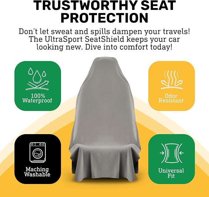 UltraSport Waterproof Towel Car Seat Cover, Universal Fit, Sweatproof & Odor-Resistant Front Seat Protector, Quick-Dry, Machine Washable for Gym, Pets, Travel, Outdoor Adventures, Gray