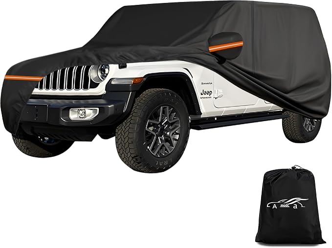 Amooca Heavy-Duty Car Covers Custom Fit for Jeep Wrangler 4 Door 2007-2024 Waterproof Sun-Proof All Weather for Automobiles Snow Cover 420D with Door Zipper Cotton Lining