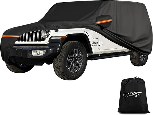 Amooca Heavy-Duty Car Covers Custom Fit for Jeep Wrangler 4 Door 2007-2024 Waterproof Sun-Proof All Weather for Automobiles Snow Cover 420D with Door Zipper Cotton Lining