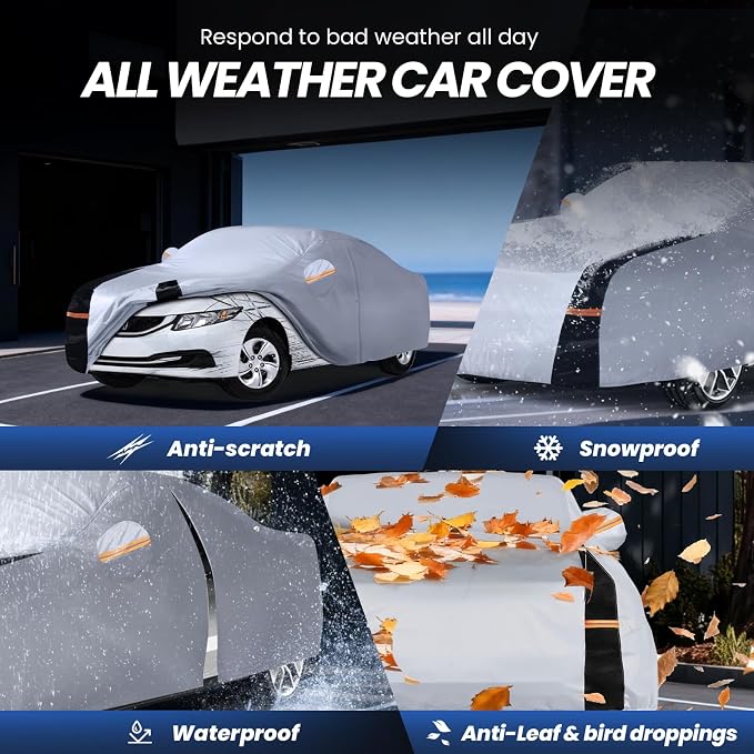 Sedan Car Cover 100% Waterproof All Weather, 10 Layers Outdoor Car Covers for Automobiles - Custom Fit Honda Civic, Hyundai Avante, Nissan Sentra, Kia forte, etc. Sun & Rain Protector. A1 (Size Chart)