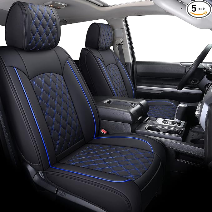 YIERTAI Truck Seat Covers Compatible with 2008-2025 2026 Toyota Tundra Crewmax Double Cab Platinum SR SR5 PRO TRD Limited 1794 Edition Trims Waterproof Leather(5 PCS Full Set/Black-Blue)