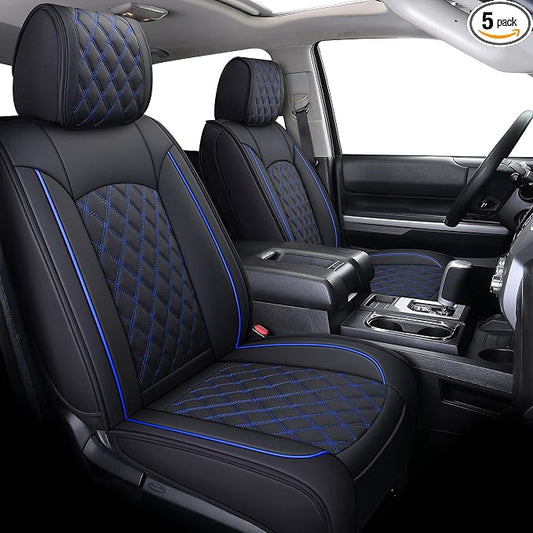 YIERTAI Truck Seat Covers Compatible with 2008-2025 2026 Toyota Tundra Crewmax Double Cab Platinum SR SR5 PRO TRD Limited 1794 Edition Trims Waterproof Leather(5 PCS Full Set/Black-Blue)