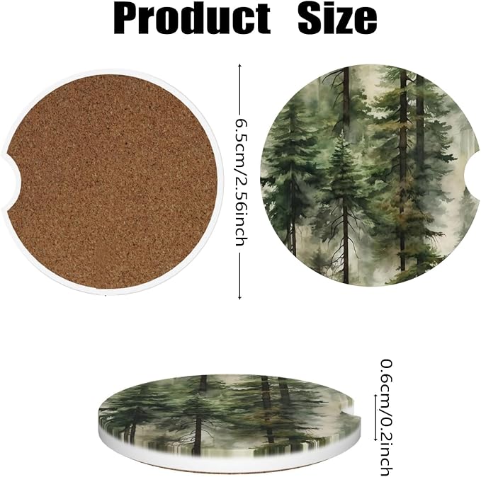 Ceramic Car Cup Coasters 2PCS - Dream Forest | with Cork Back & Finger Slot, Anti-Slip Shock Absorbing, Universal Car Interior Accessories for Men Women