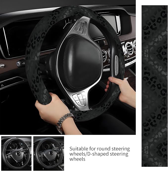 Steering Wheel Covers for Car, Truck, and SUV, Cute Non-Slip Breathable Elastic Steering Wheel, Car Accessories, Universal 15 Inch Leather Cover for Men Women Black Leopard Print