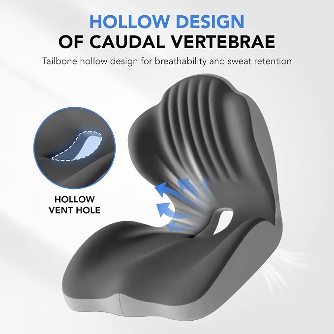 Ergonomic Waist Support and Seat Cushion, L-Shaped Memory Foam Pad, Hollow Design for Coccyx, Suitable for Office Chairs, Car Safety Seats and Household Use - Relieves Lower Back and Hip Pain (Grey)