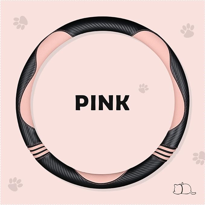HighnessHwoo Car Steering Wheel Covers for Women Padded Carbon Fiber PU Leather Cute Auto Interior Accessories for Vehicle, Sedan, Universal, Anti Slip, Pink, Standard Size, 14.75-15.15in