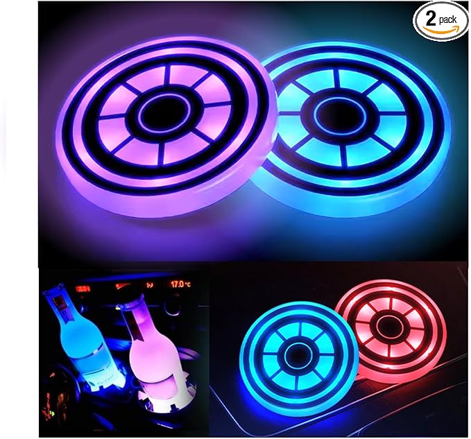 2PCS LED Car Cup Holder Lights, Light up Car Coasters for Cup Holders 7 Color-Changing Light Up Cup Holder Insert Coasters, Waterproof Car Accessories for Teens, Car Gifts for Men & Women