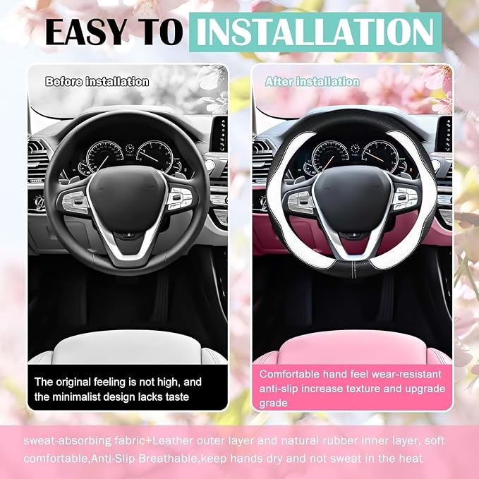 SuperKaKa Car Steering Wheel Cover 2024, Universal Auto PU Cute Breathable Slip-Proof Comfort Imitation Leather Protector Cars Interior Accessories for Women Men Fit Most Vehicle (White)