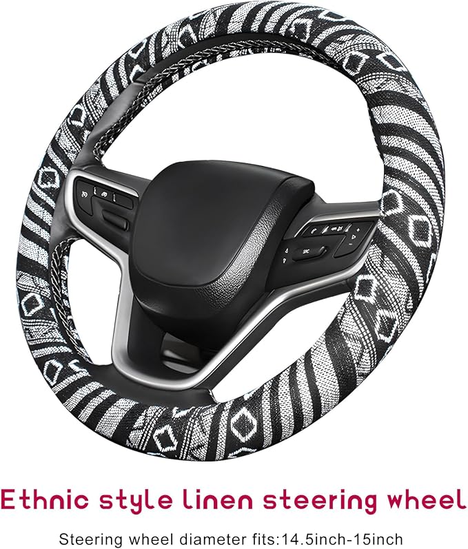 Boho Steering Wheel Cover, Anti-Slip Coarse Flax Cloth Ethnic Style Auto Wheel Cover, Breathable Boho Auto Steering Wheel Protector for Women Men, Car Accessories (Style E)