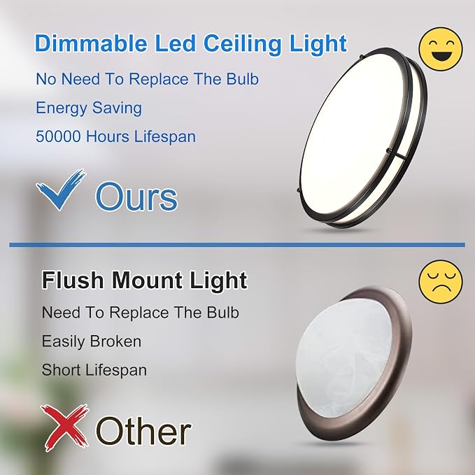 DLLT Flush Mount LED Ceiling Light: 16 Inch 5CCT (3000K-6000K) & Dimmable Ceiling Light Fixtures for Bedroom Hallway - 36W Modern Black Super Bright Kitchen Lighting Fixtures Ceiling