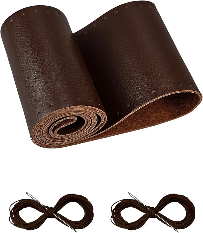 Belinous Leather Steering Wheel Cover Lace Up, Stitch on Steering Wheel Wrap, Universal Fit 13-20 Inch Car Truck Pickup Boat, A Whole Piece of Cowhide, DIY w/Needle Thread (Size XXL6, Coffee)