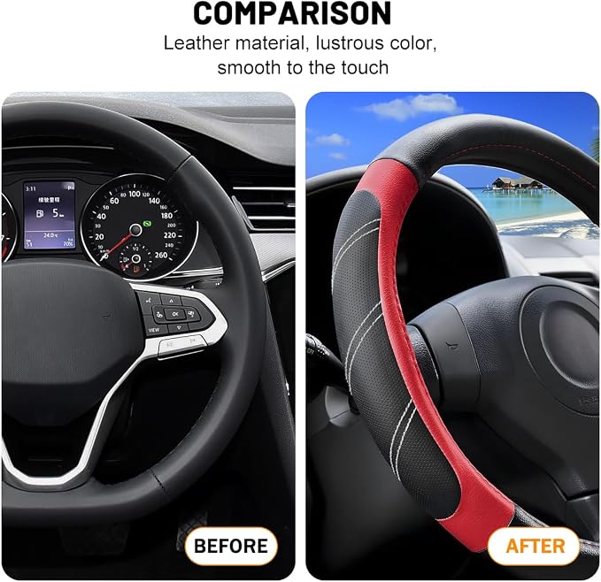 Zpana Car Steering Wheel Cover, 15 Inch Carbon Fiber Leather Non-Slip Steering Wheel Protector with Lining, Breathable Automotive Interior Accessories, Universal for SUV RV Truck (Red)