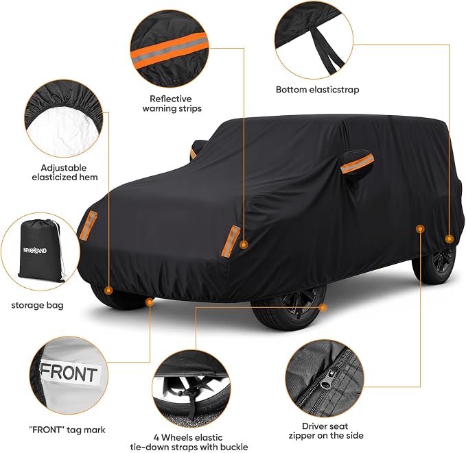 Car Cover for Jeep Wrangler 4 Door 2006-2026 JK JL Outdoor Waterproof Sun Rain Snow Hail UV Protection with Driver Door Zipper