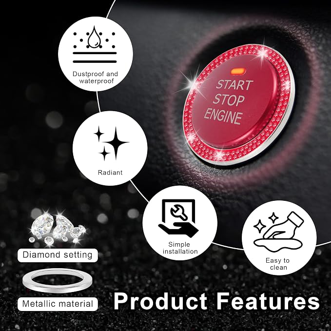 LivTee 2 PCS Crystal Double Rhinestone Car Engine Start Stop Decoration Ring, Bling Car Interior Accessories for Women, Push to Start Button Cover Sticker, Automotive Decals, Red