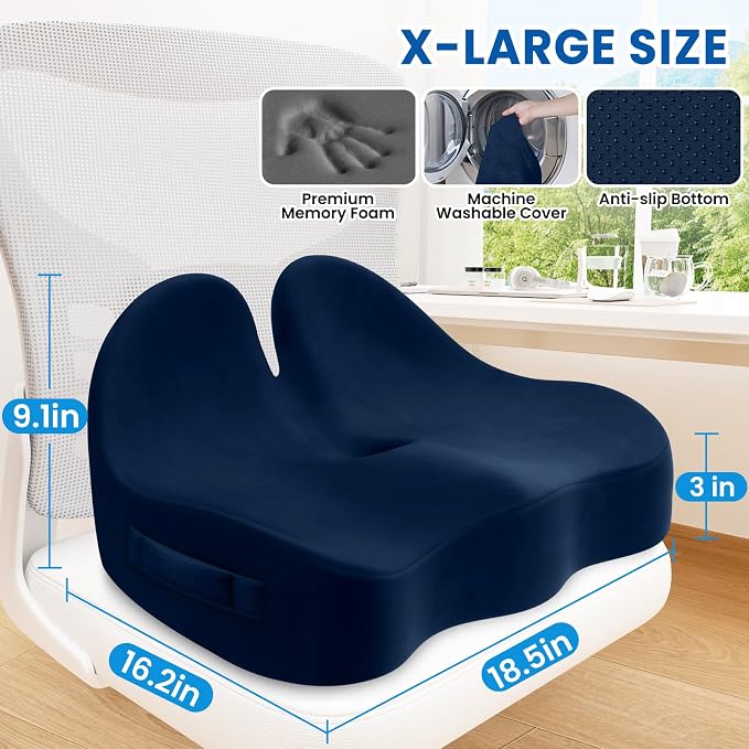 Seat Cushion, Chair Cushions for Office Chairs/Desk Seats/Wheelchair - Hip&Sciatica&Tailbone Pain Relief Memory Foam Office Chair Cushion for Long Sitting Office Workers (Blue, X-Large)