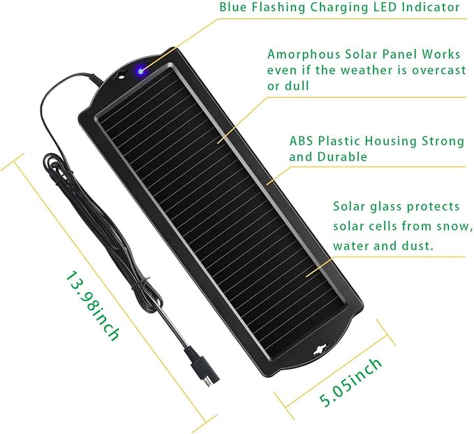 Sunway Solar Car Battery Trickle Charger & Maintainer 12V Solar Panel Power Battery Charger With Cigarette Lighter Plug Battery Clamp For Car Automotive Motorcycle Boat Marine Snowmobile Watercraft RV