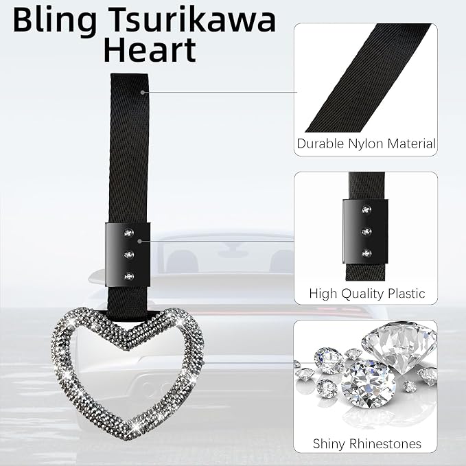 NBTEPEM Bling Heart Handle Ring Bling Car Accessories for Women Handle Strap Drift Charm Rear Bumper Warning Ring Tsurikawa Heart Decor for Car Interior Exterior Decoration (Silver, Heart Style)