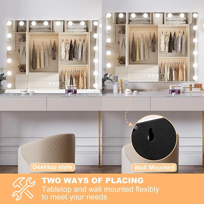 Moonee Vanity Mirror with Lights, Hollywood Lighted Makeup Mirror with 18 Dimmable Bulbs and 10X Magnification, 3 Colors Modes, Light Up Mirror, Gifts for Women, Girls,Dorm Room Essentials（32" x 24"）