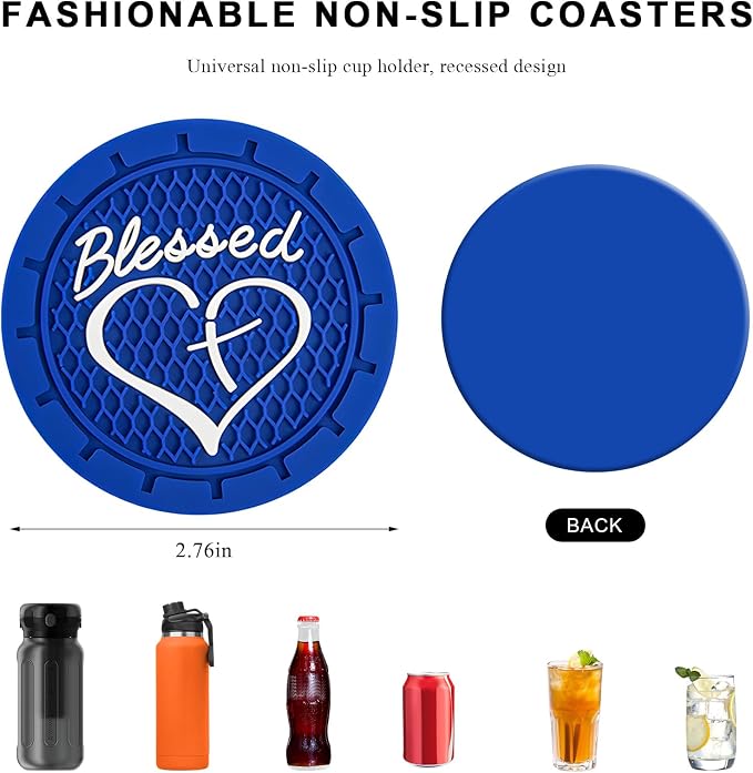 2 PCS Car Cup Holder Coaster, 2.76 Inch Soft PVC Non-Slip Blessed Cross and Heart Christian Car Cup Coasters, Auto Interior Shockproof Insert Drink Mat for Most Vehicles (Blue)