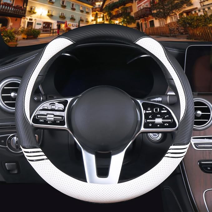 Small 14 inch Cute Leather Steering Wheel Cover Black and White | Breathable Non-Slip Faux Leather and Carbon Fiber Car Accessories for Women Men 13.5 inch to 14 inch