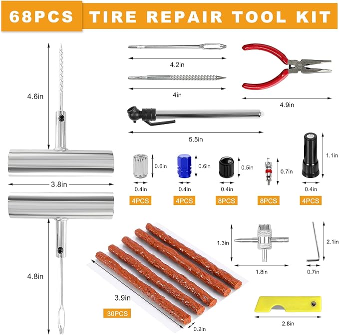 68 PCS Tire Repair Kit, Heavy Duty Car Emergency Tools to Fix Punctures and Plug Flats Patch, Universal Tire Puncture Repair Tool for Most Cars Motorcycles Trucks Tractors