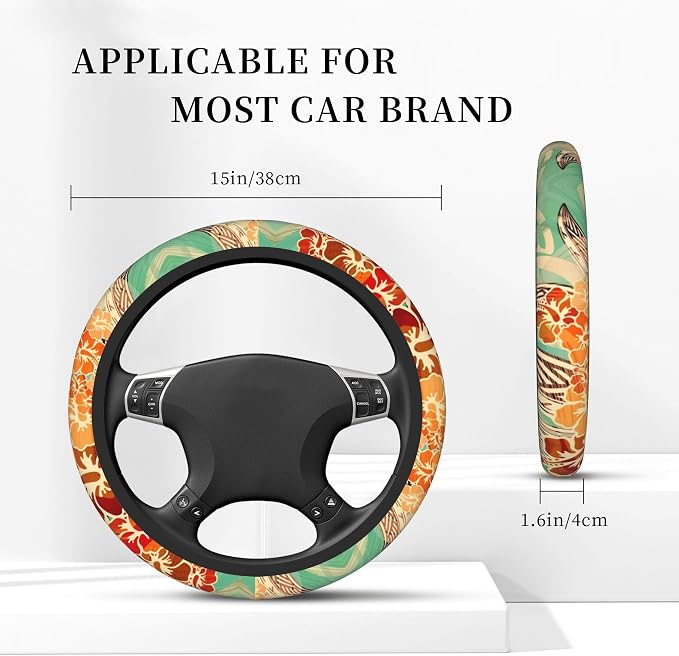Hawaiian Island Tropical Car Steering Wheel Cover for Women Men 14-15 Inch Stretch Cloth Anti-Slip Wrap Protector Case Fit Universal Auto Accessories Decor Sweat Absorption