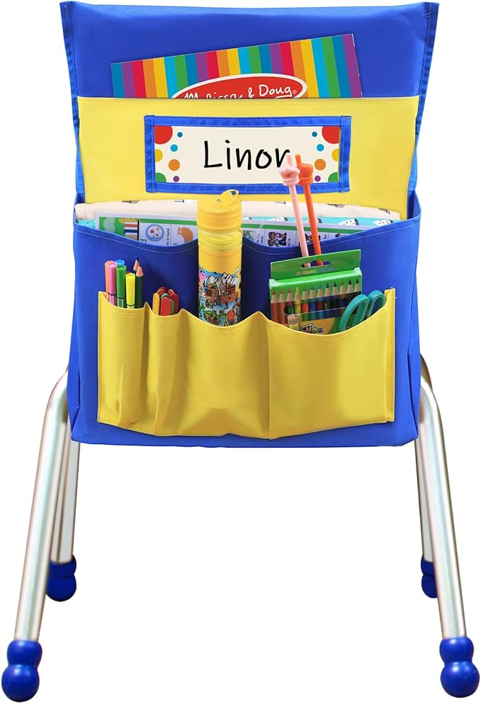 Chair Pockets for Classrooms, 15.7" × 18.9" – 6 Pockets Chairback Storage Organizer with Name Tag Window, Student Desk & Seat-Back Management for Books, Folders & School Supplies, Yellow+Blue